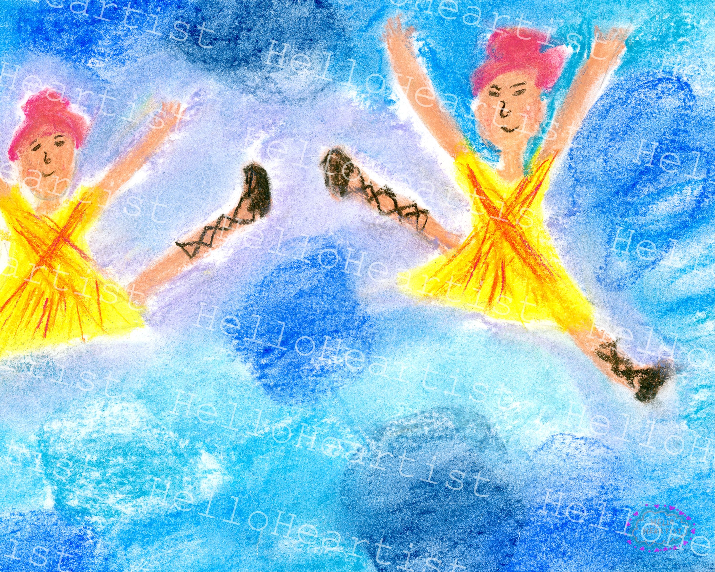 Bright Yellow Duet Twin Sister Ballerinas Original Illustration A4 Print