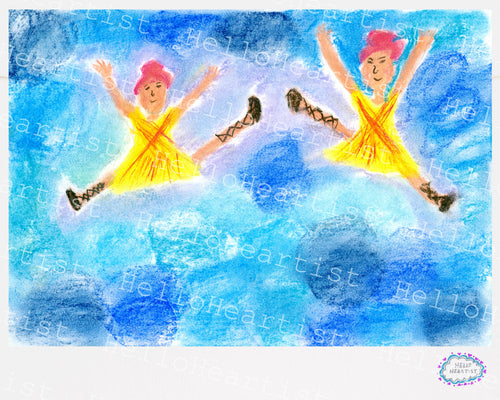 Bright Yellow Duet Twin Sister Ballerinas Original Illustration A4 Print