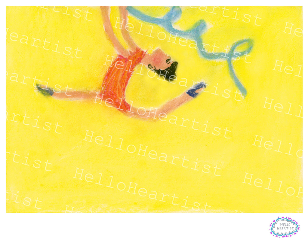 Vibrant Yellow Ribbon Gymnastics Illustration Print A4