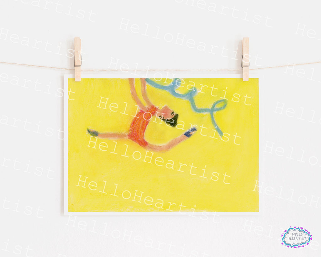 Vibrant Yellow Ribbon Gymnastics Illustration Print A4