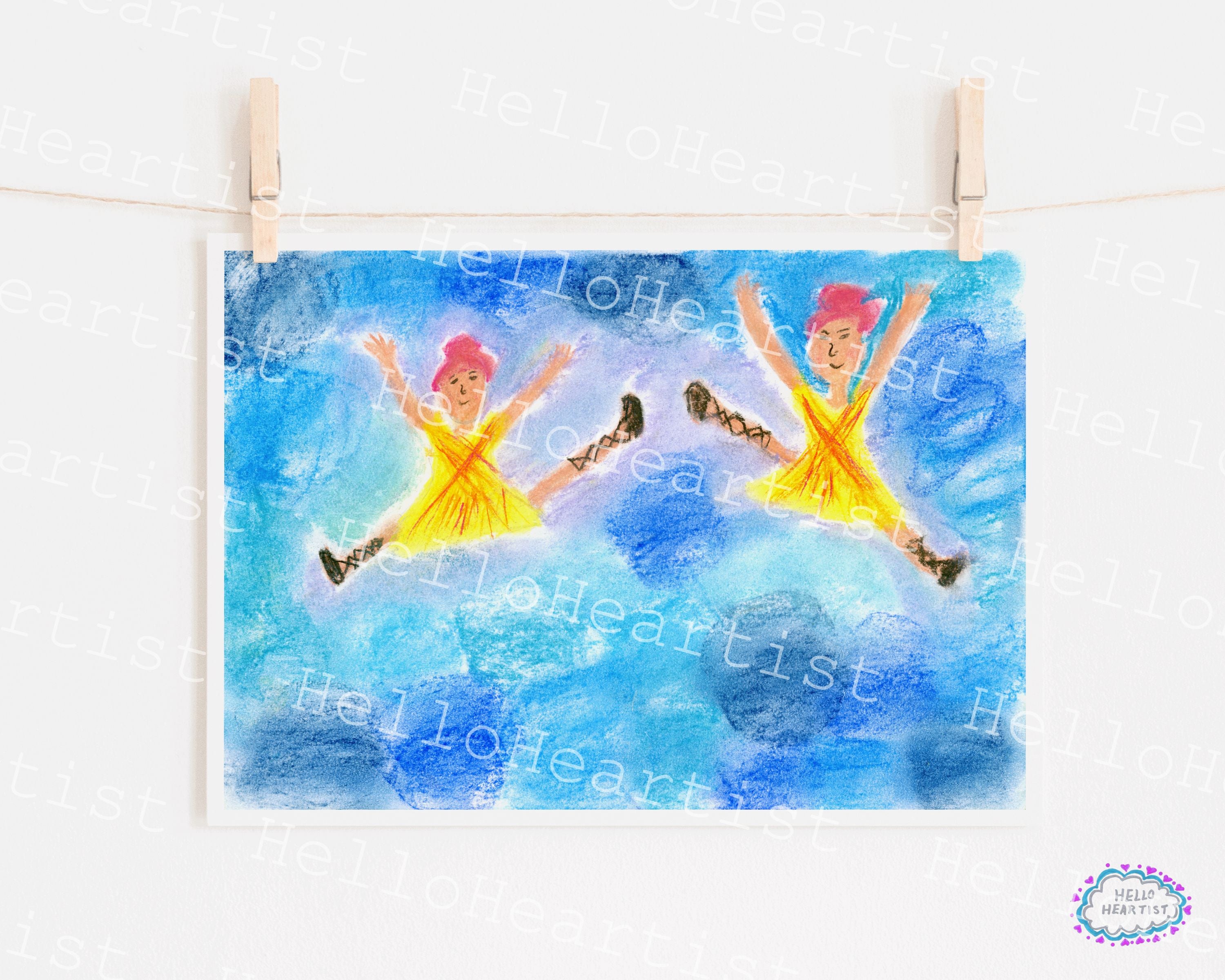 Bright Yellow Duet Twin Sister Ballerinas Original Illustration A4 Print